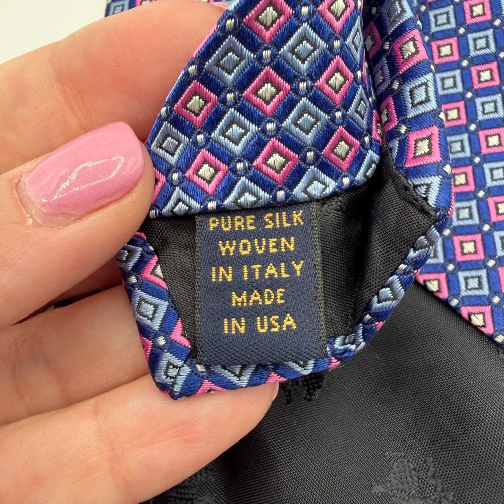 Brooks Brothers Tie Mens One Size Blue Pink Geometric Silk Stain Resistant USA